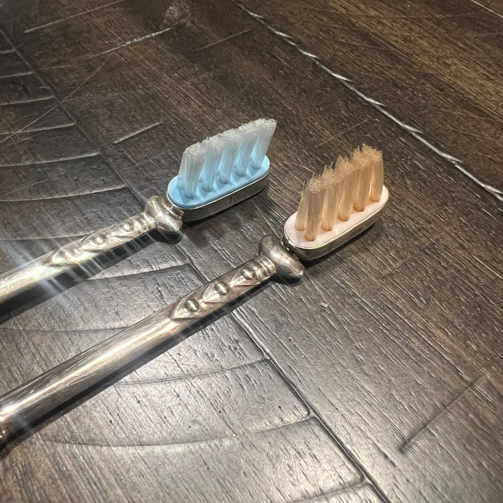 Ornate Silver Toothbrush Set with Blue and Tan Accents